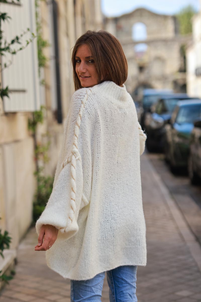 Oversized chunky knit sweater in off white with gold seam stitching detail