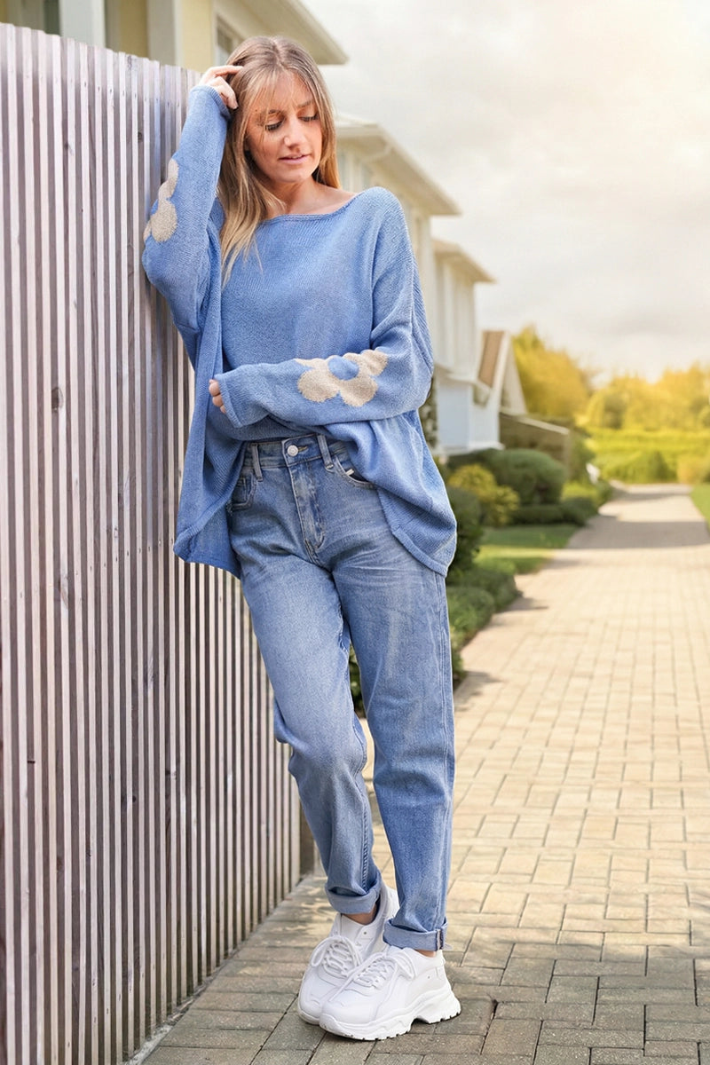 Dusty blue cotton knit jumper with gold flowers on sleeves and back