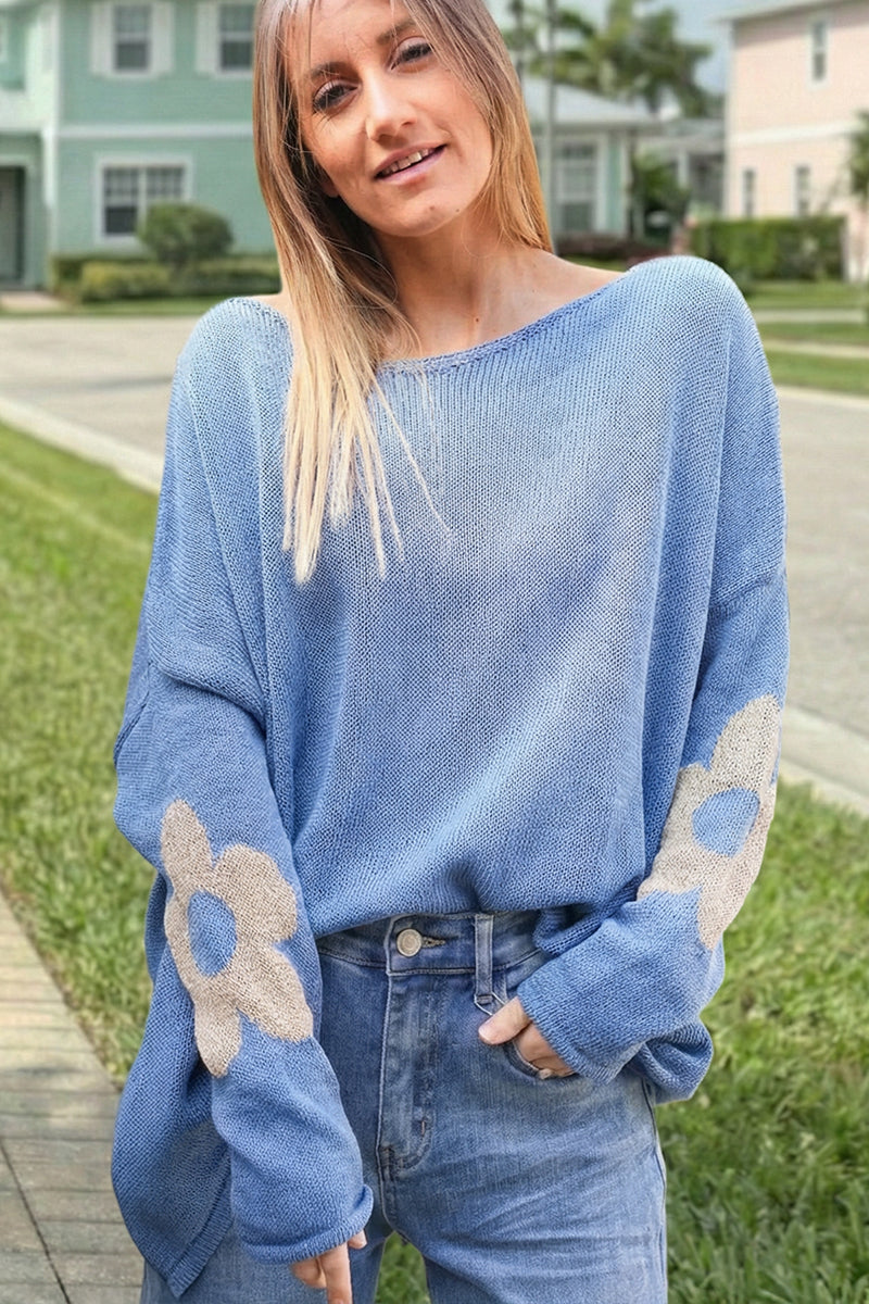 Dusty blue cotton knit jumper with gold flowers on sleeves and back
