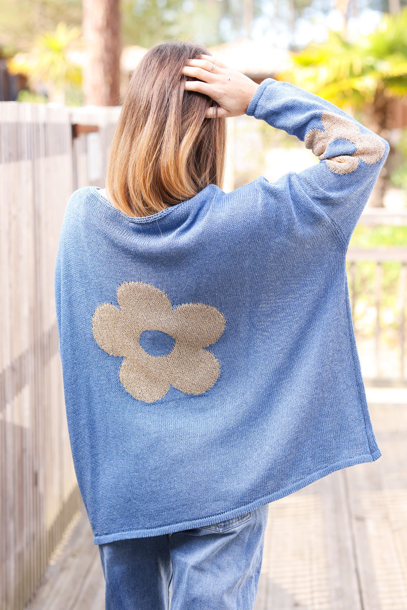 Dusty blue cotton knit jumper with gold flowers on sleeves and back