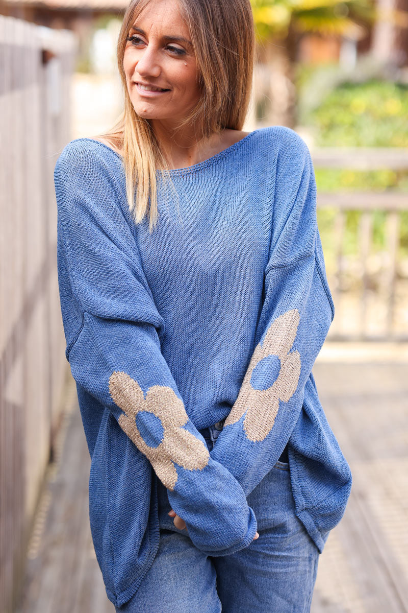 Dusty blue cotton knit jumper with gold flowers on sleeves and back