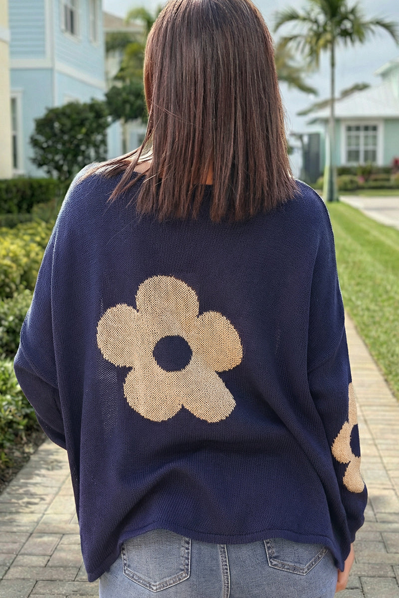 Navy blue cotton knit jumper with gold flowers on sleeves and back
