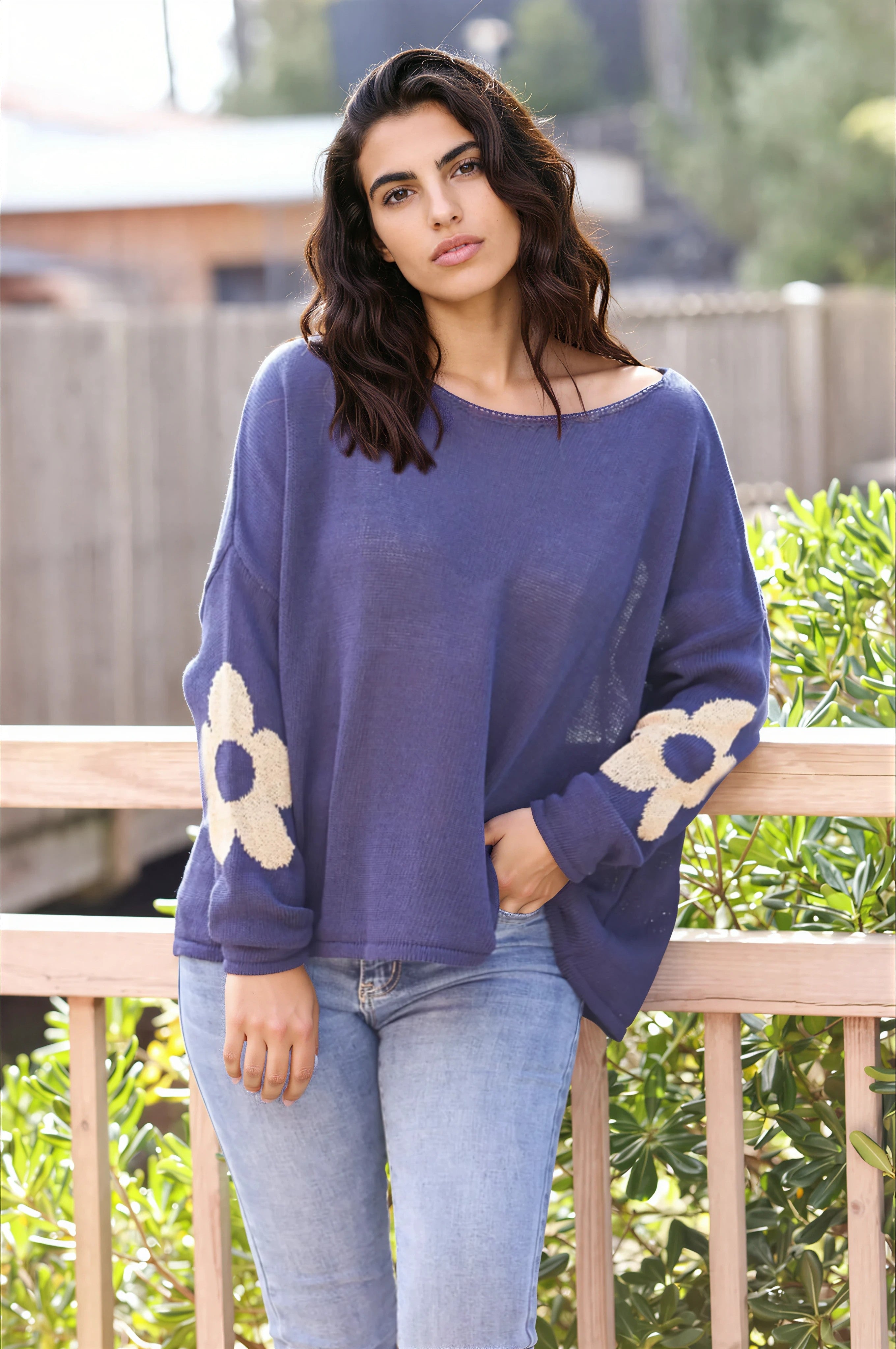 Navy blue cotton knit jumper with gold flowers on sleeves and back
