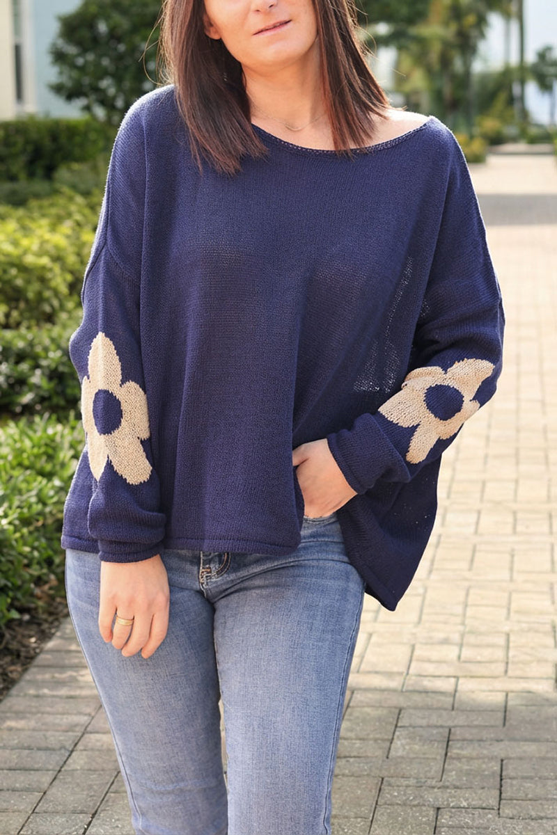 Navy blue cotton knit jumper with gold flowers on sleeves and back