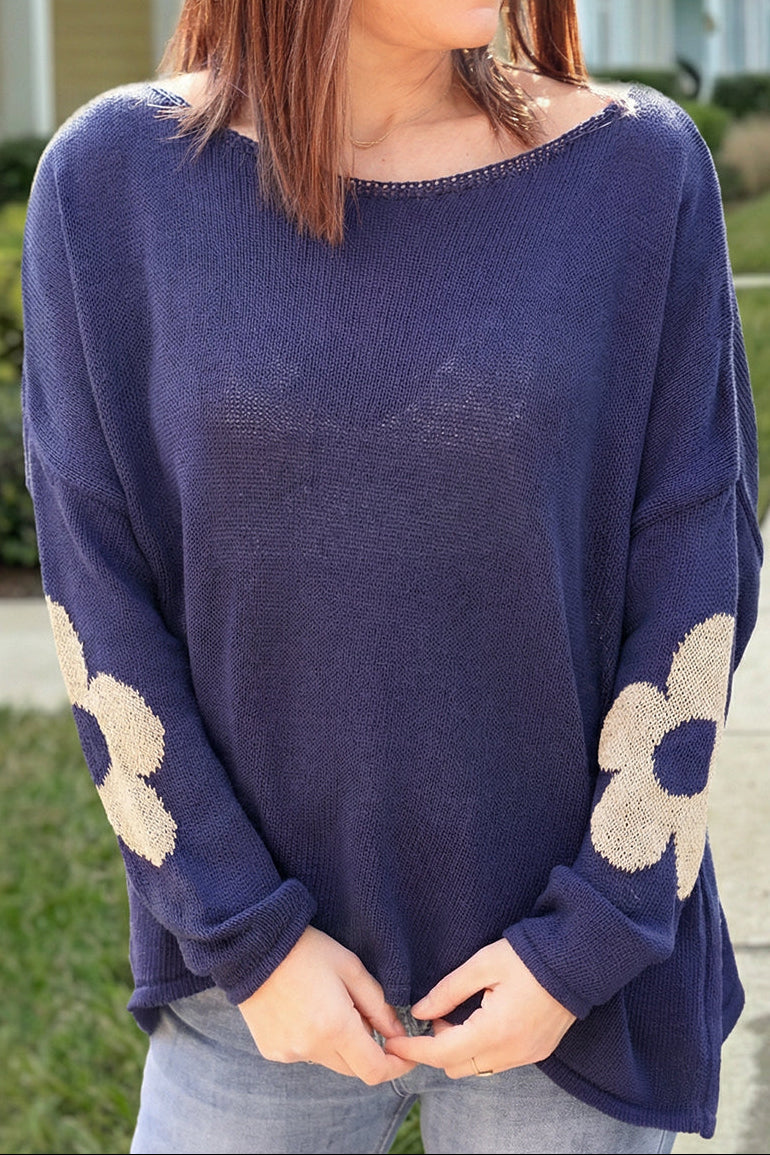 Navy blue cotton knit jumper with gold flowers on sleeves and back