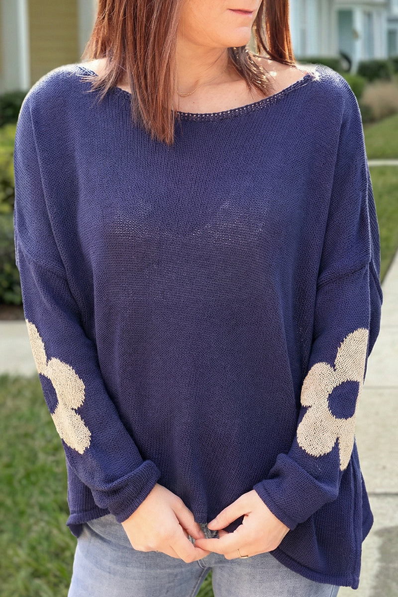 Navy blue cotton knit jumper with gold flowers on sleeves and back