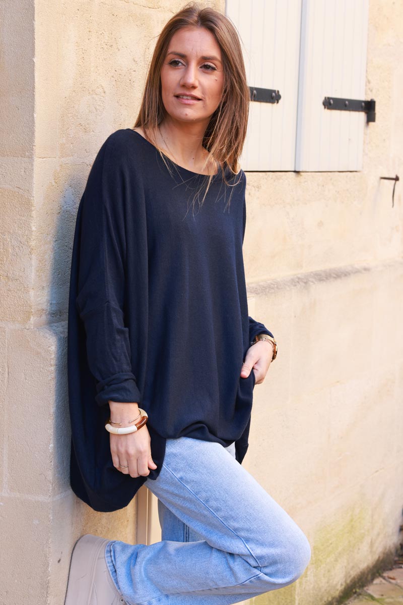 Navy Blue Oversized Batwing Sweater