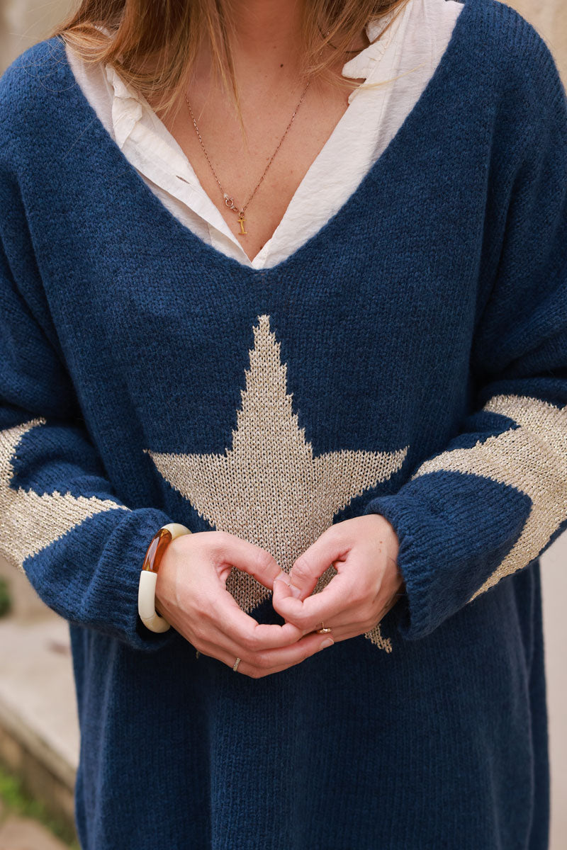 Navy Intarsia Knit Star V-Neck Sweater