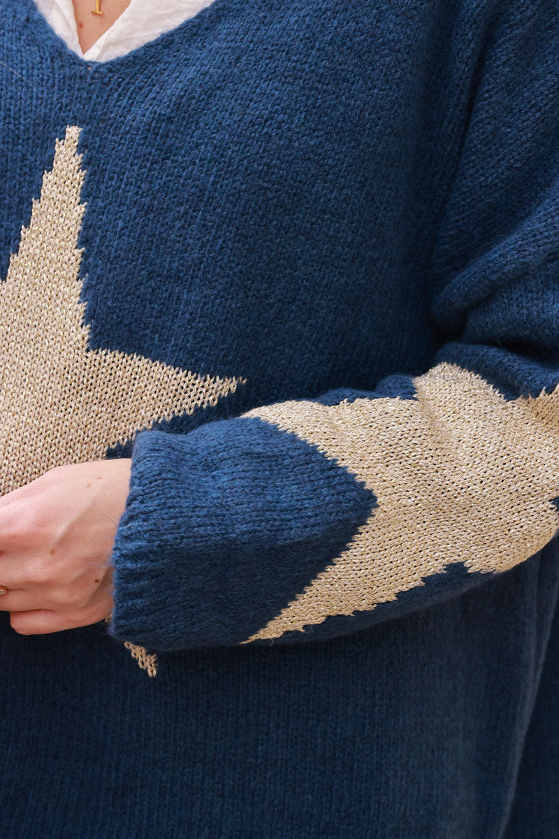 Navy Intarsia Knit Star V-Neck Sweater