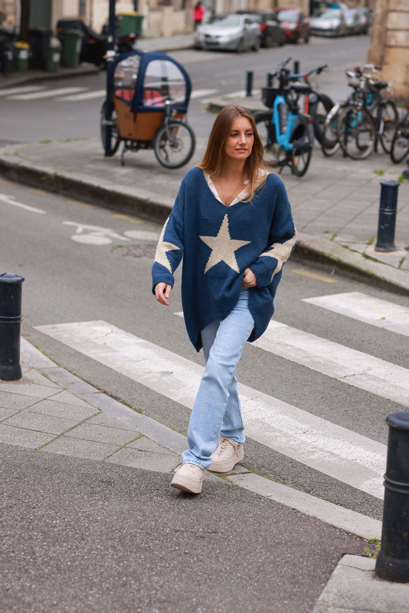 Navy Intarsia Knit Star V-Neck Sweater