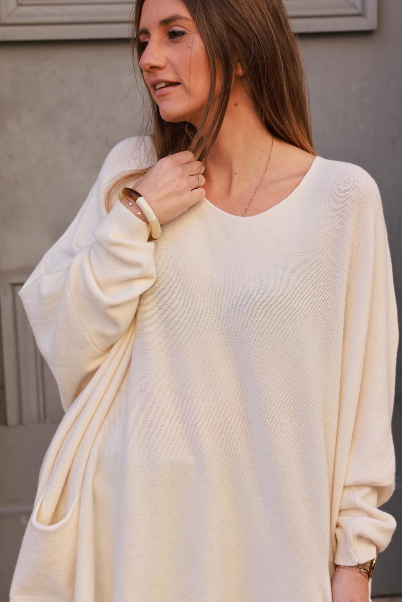 Cream Knit Poncho Sweater with Pockets