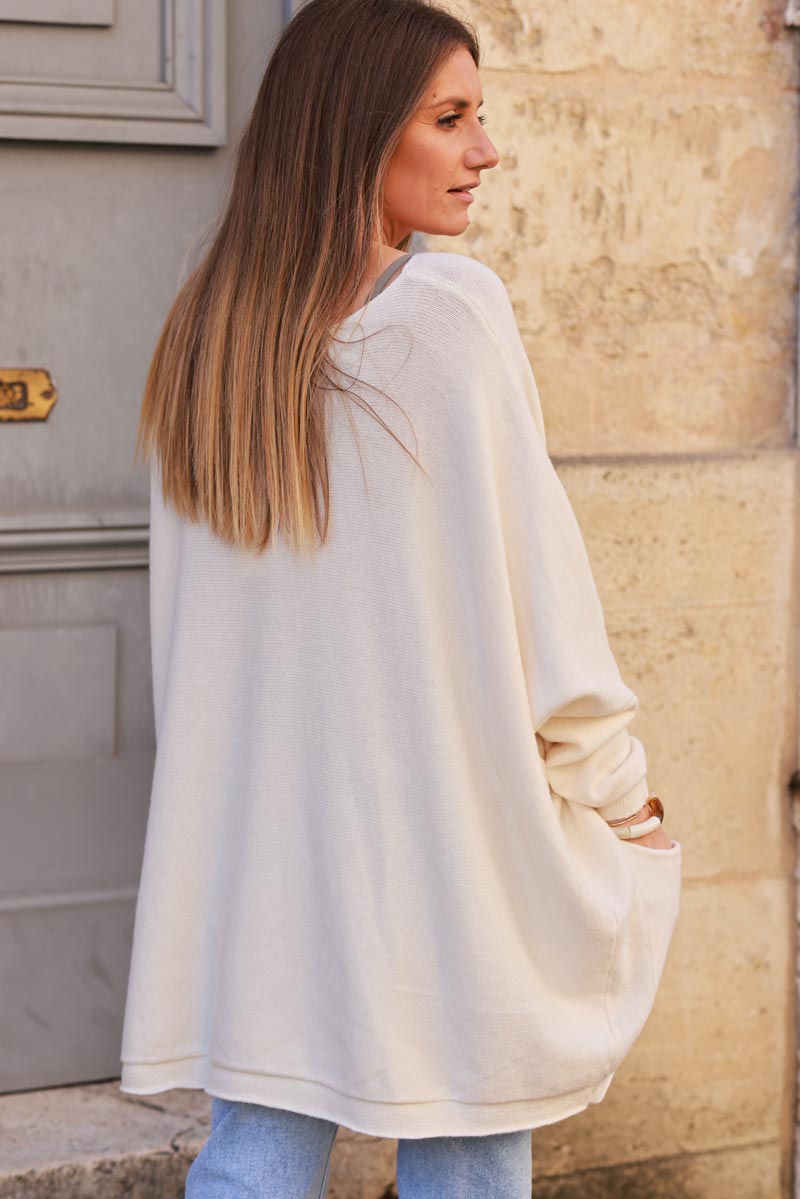 Cream Knit Poncho Sweater with Pockets