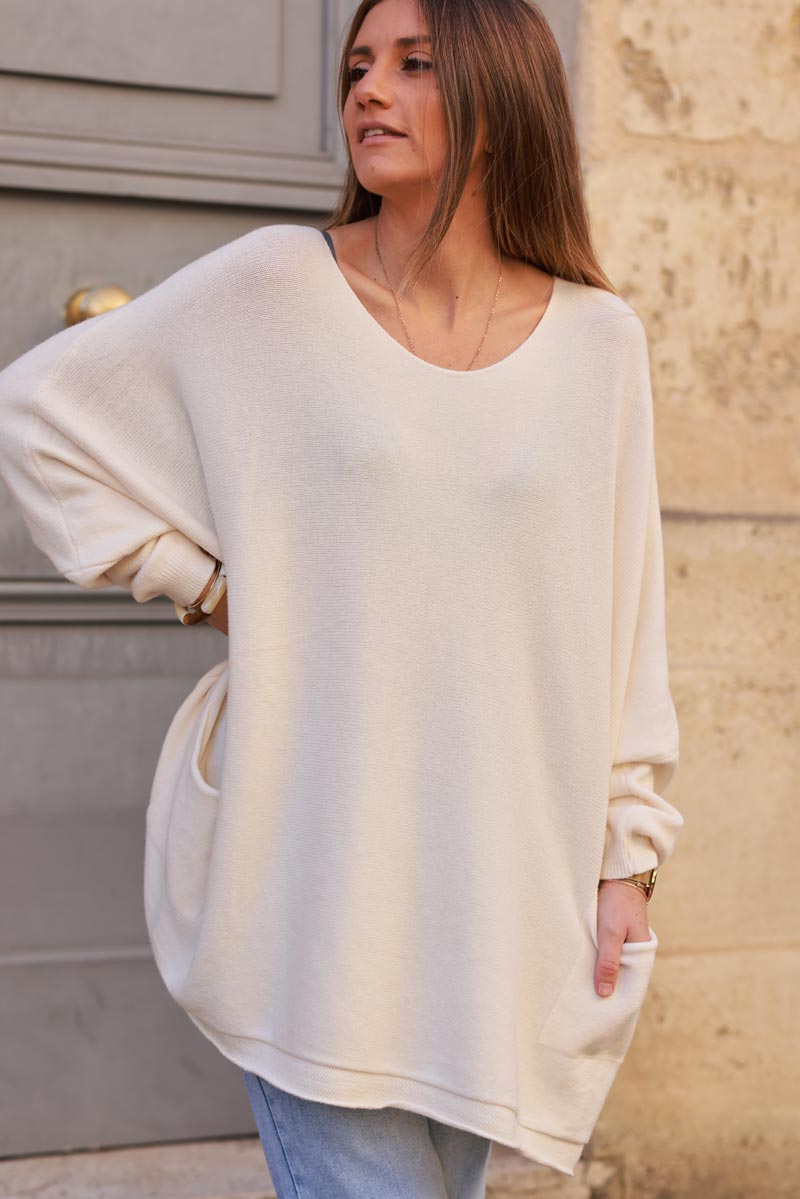 Cream Knit Poncho Sweater with Pockets