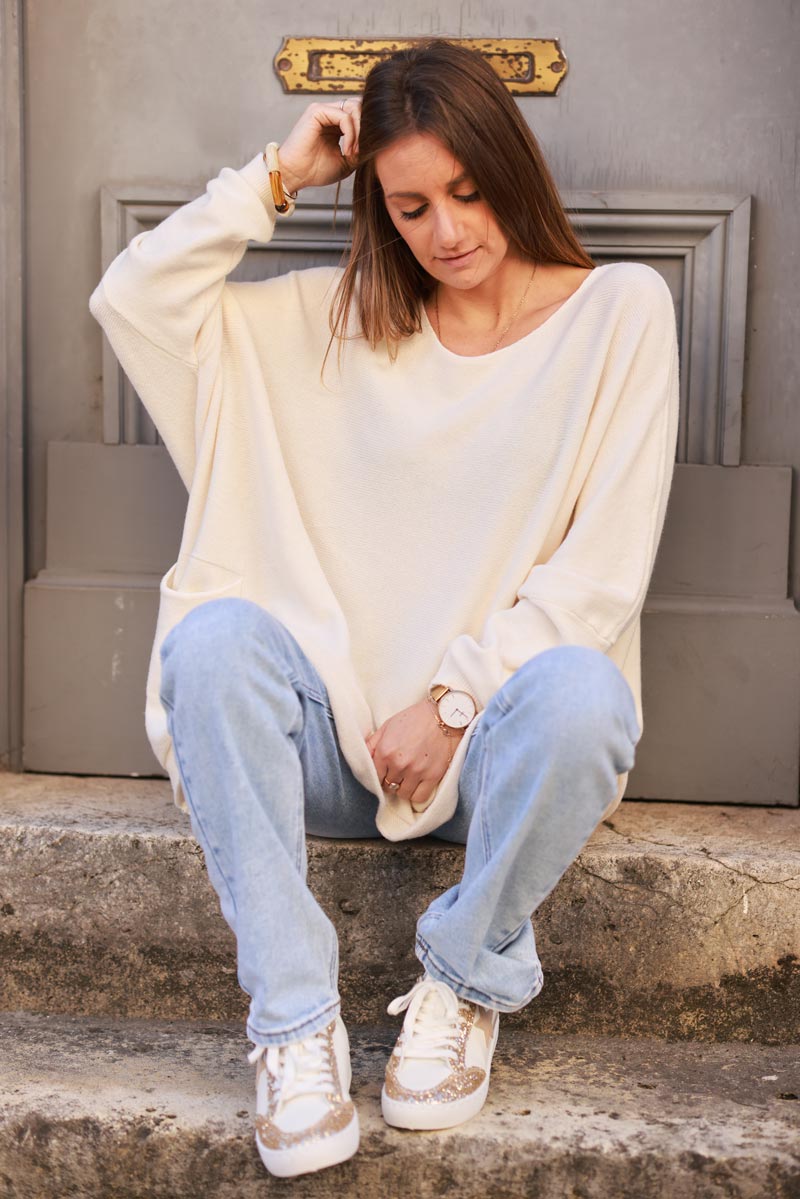 Cream Knit Poncho Sweater with Pockets