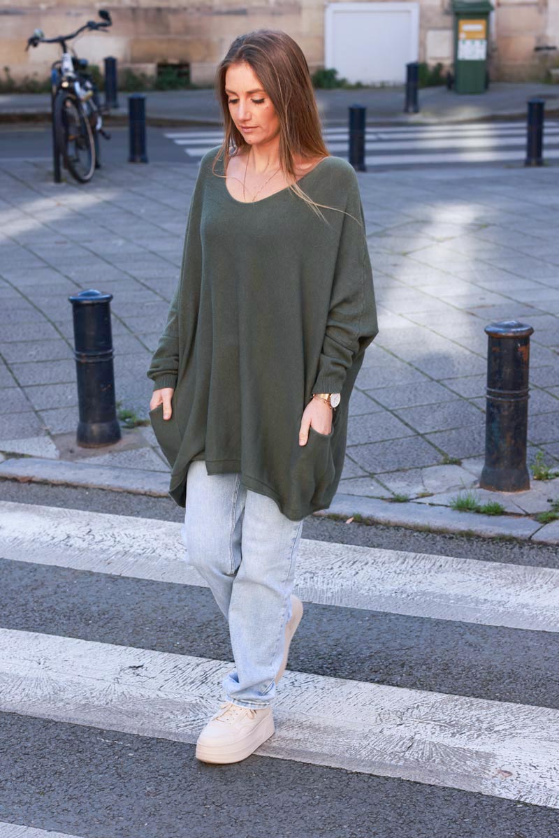 Olive Knit Poncho Jumper with Pockets