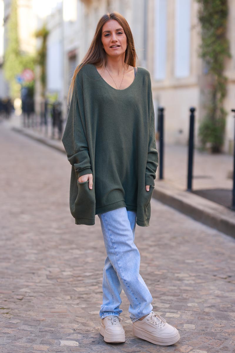 Olive Knit Poncho Jumper with Pockets