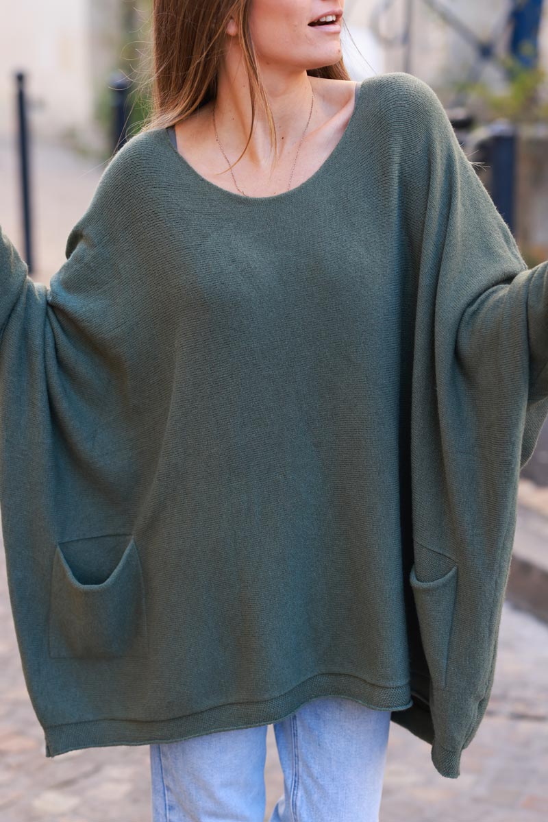 Olive Knit Poncho Jumper with Pockets