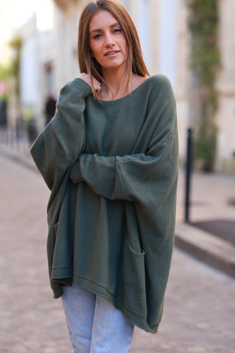 Olive Knit Poncho Jumper with Pockets