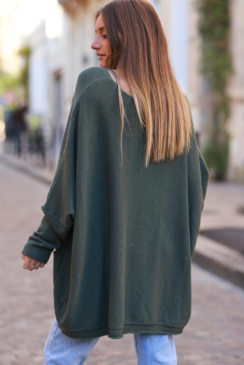 Olive Knit Poncho Jumper with Pockets