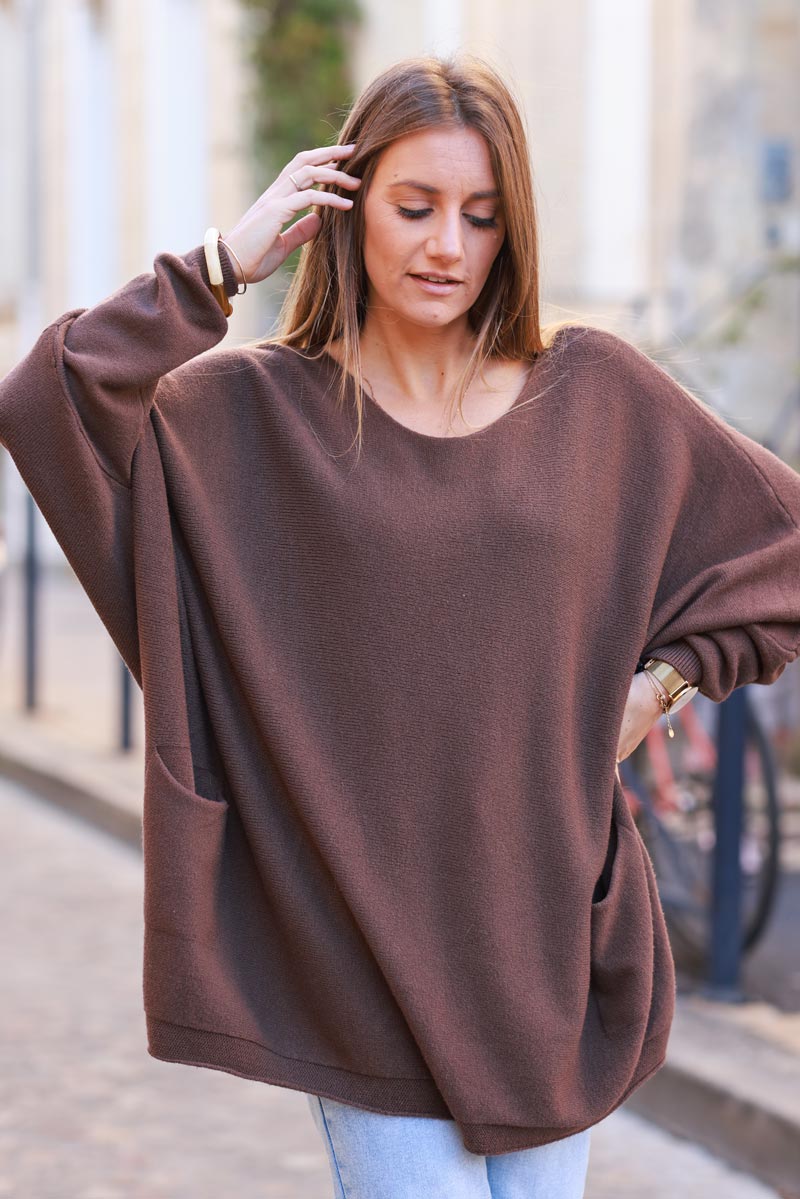 Brown Knit Poncho Jumper with Pockets