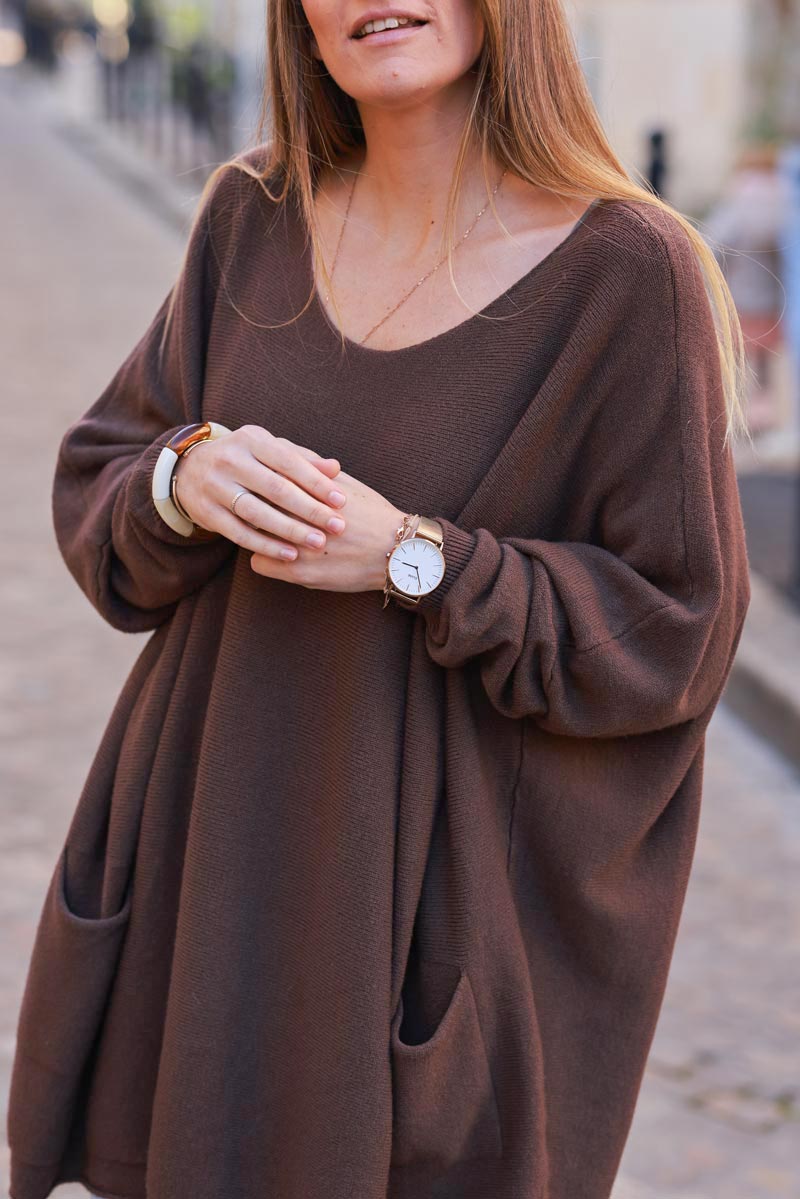 Brown Knit Poncho Jumper with Pockets