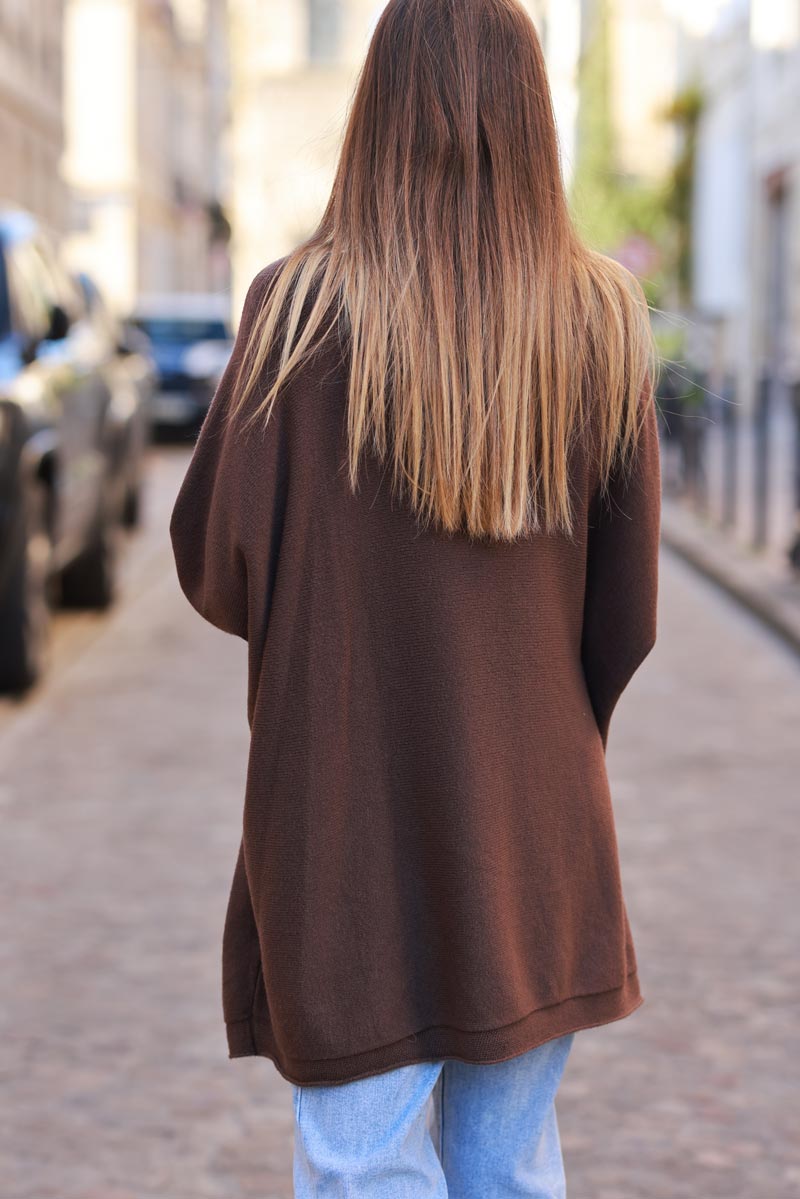 Brown Knit Poncho Jumper with Pockets