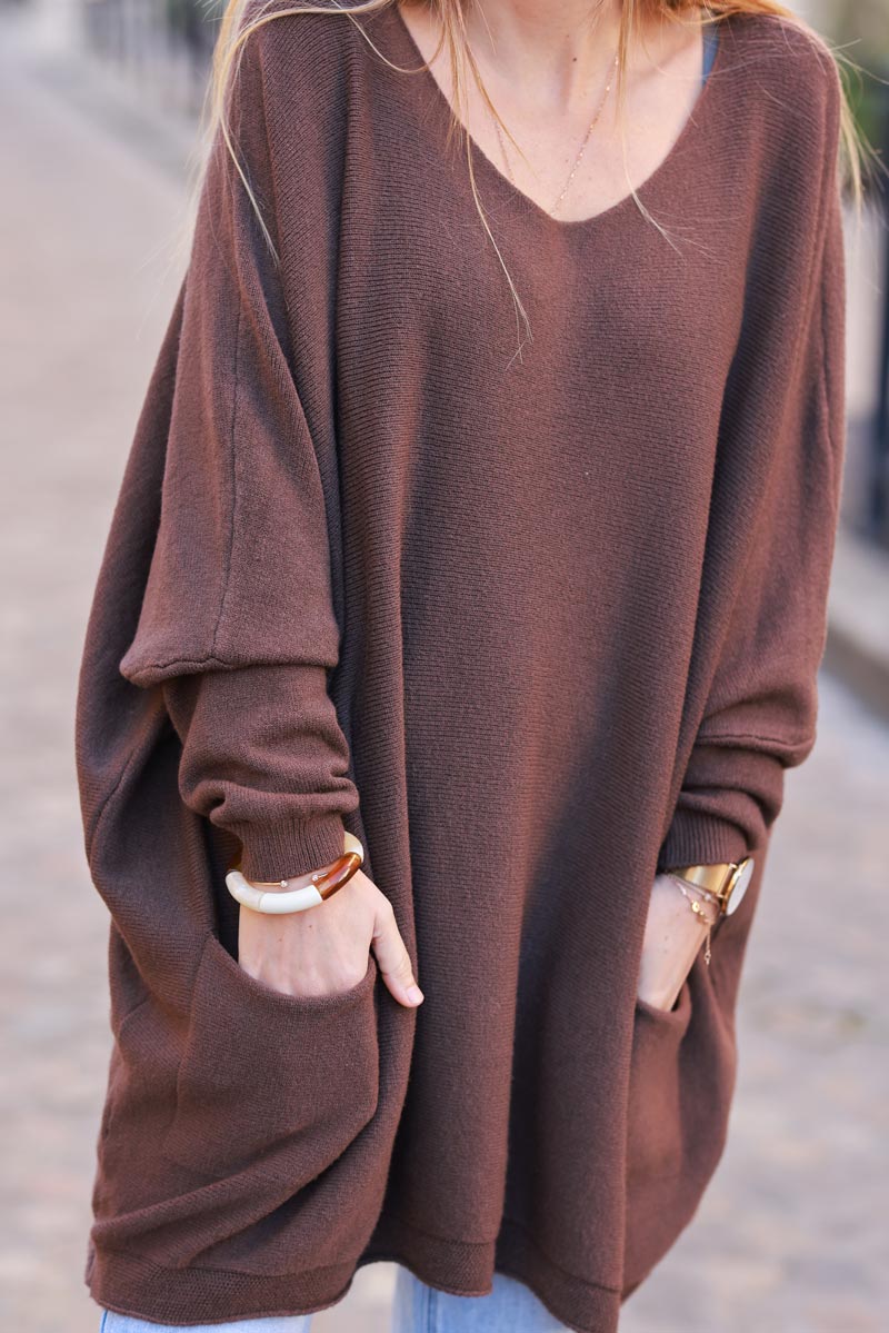 Brown Knit Poncho Jumper with Pockets