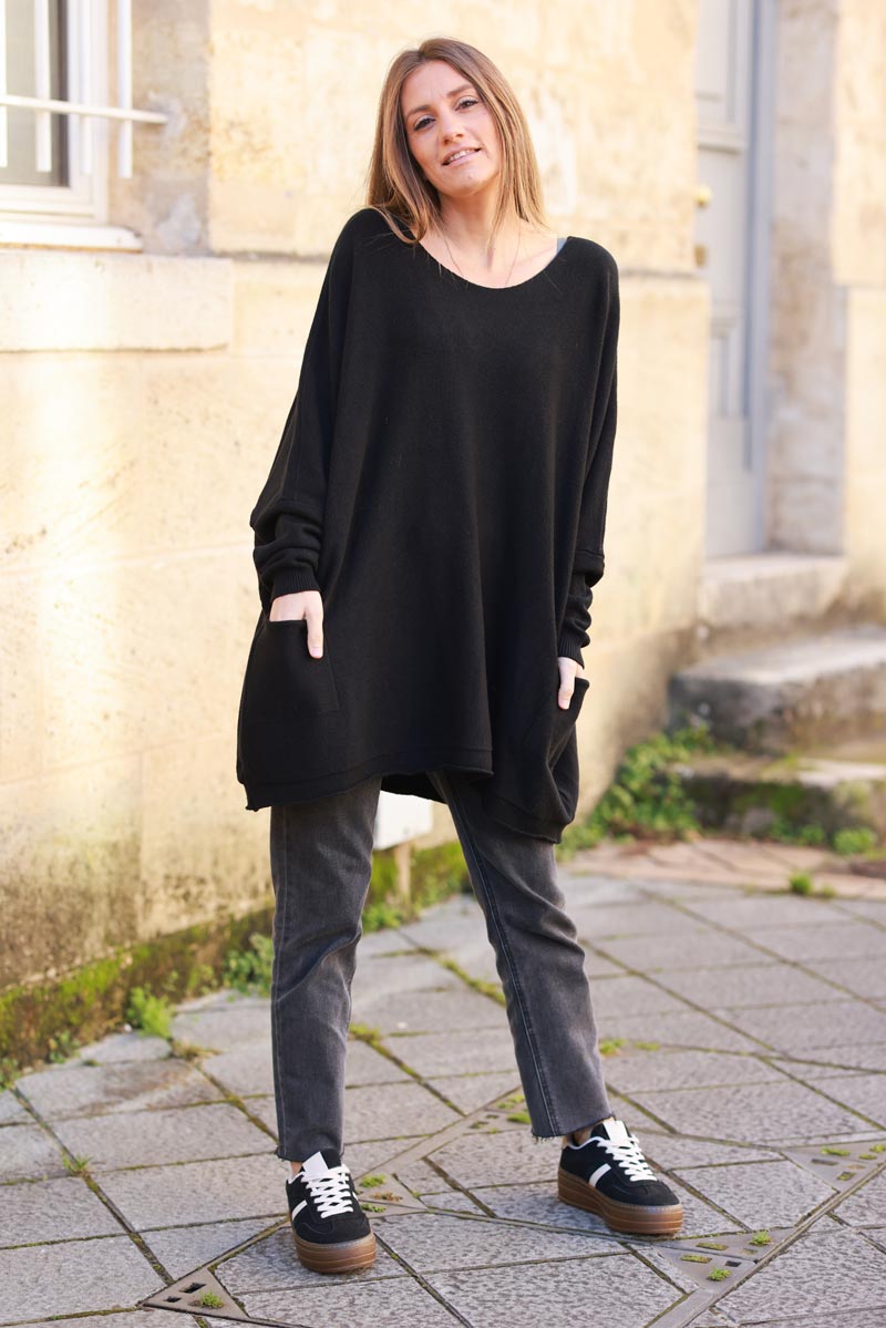 Black Knit Poncho Jumper with Pockets