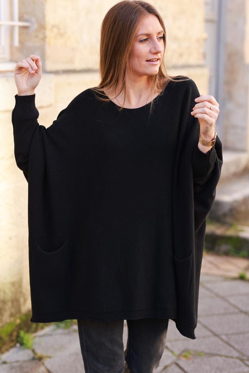 Black Knit Poncho Jumper with Pockets