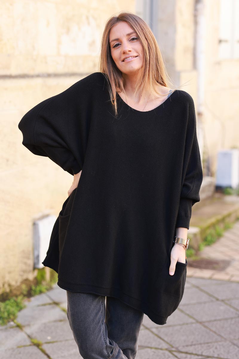 Black Knit Poncho Jumper with Pockets