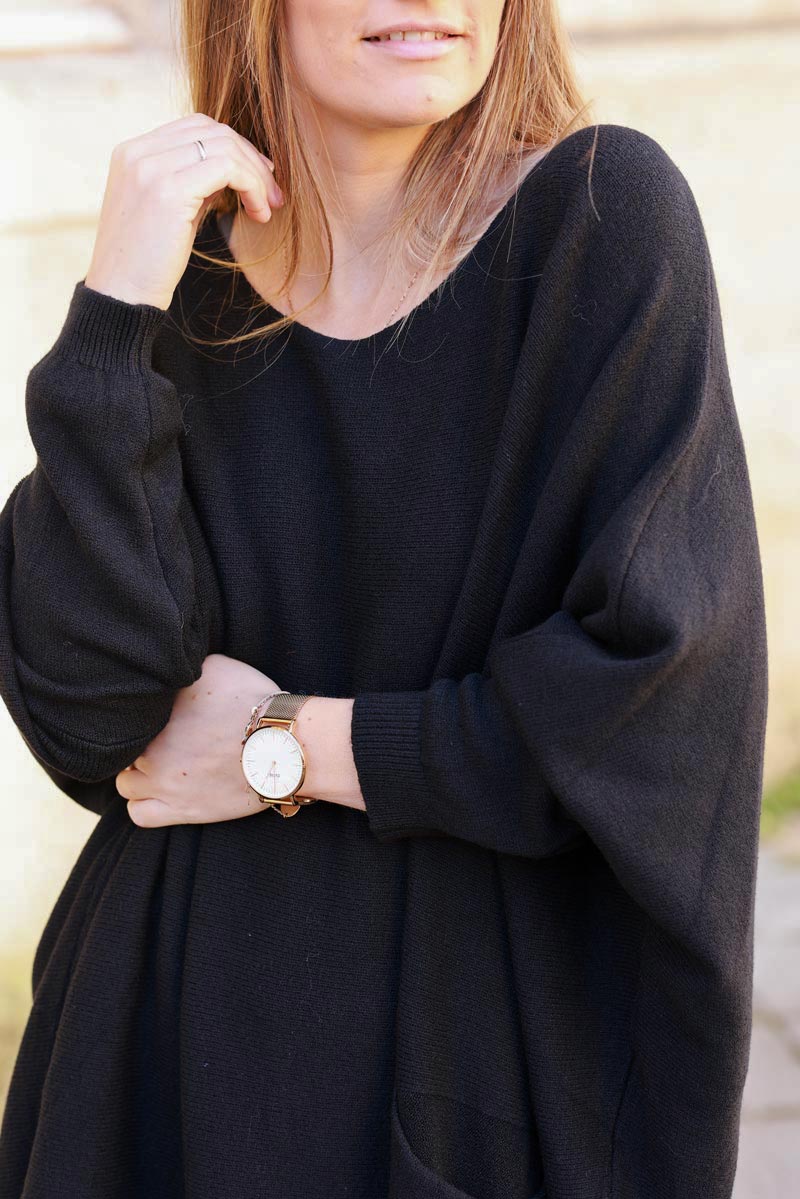 Black Knit Poncho Jumper with Pockets