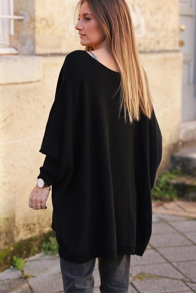 Black Knit Poncho Jumper with Pockets