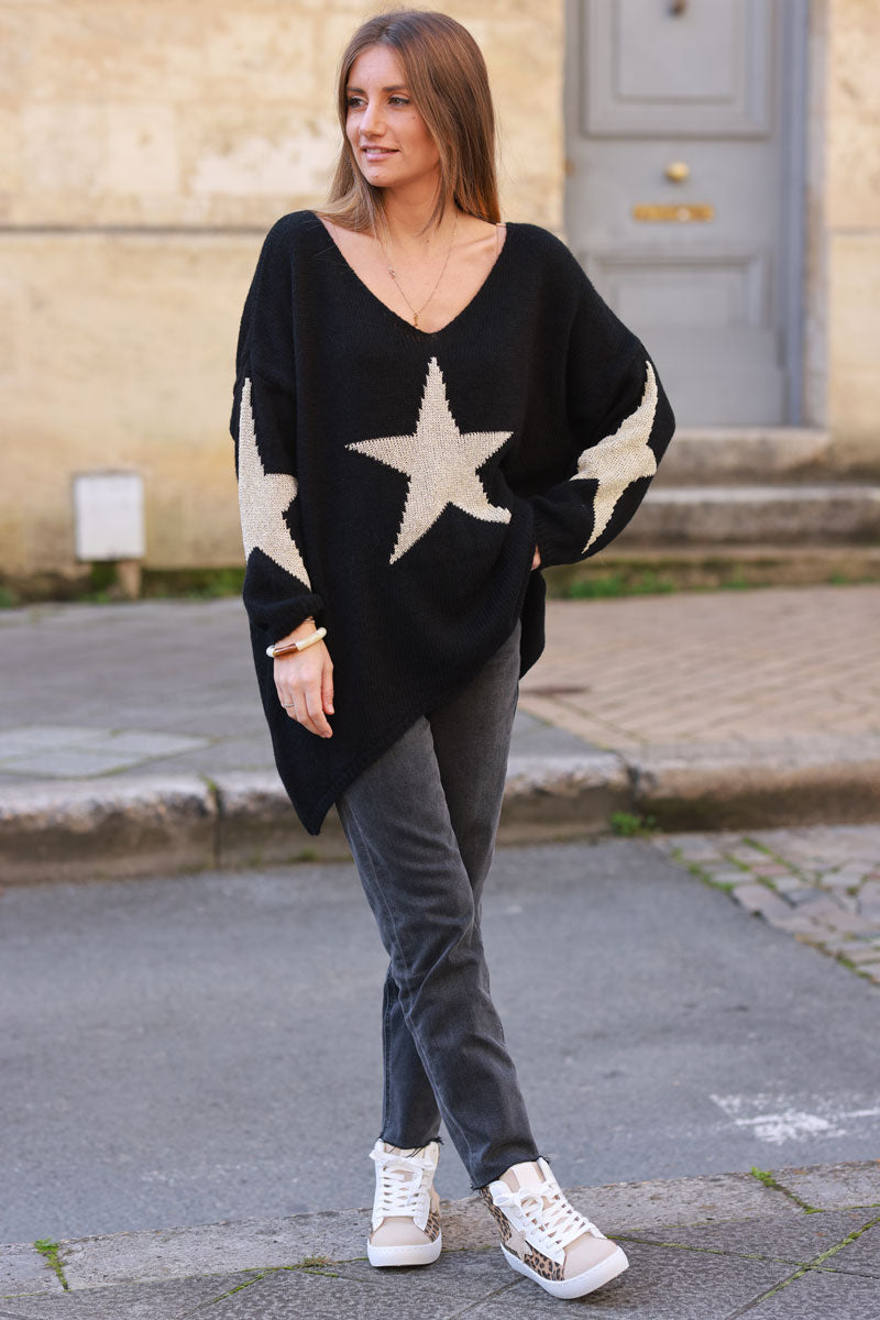 Black Intarsia Knit Star V-Neck Sweater