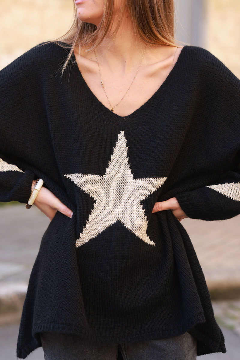 Black Intarsia Knit Star V-Neck Sweater