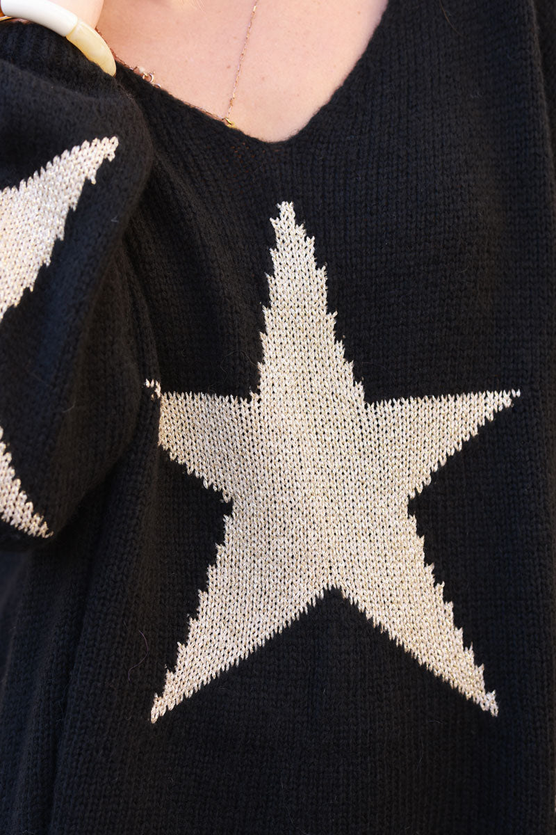 Black Intarsia Knit Star V-Neck Sweater