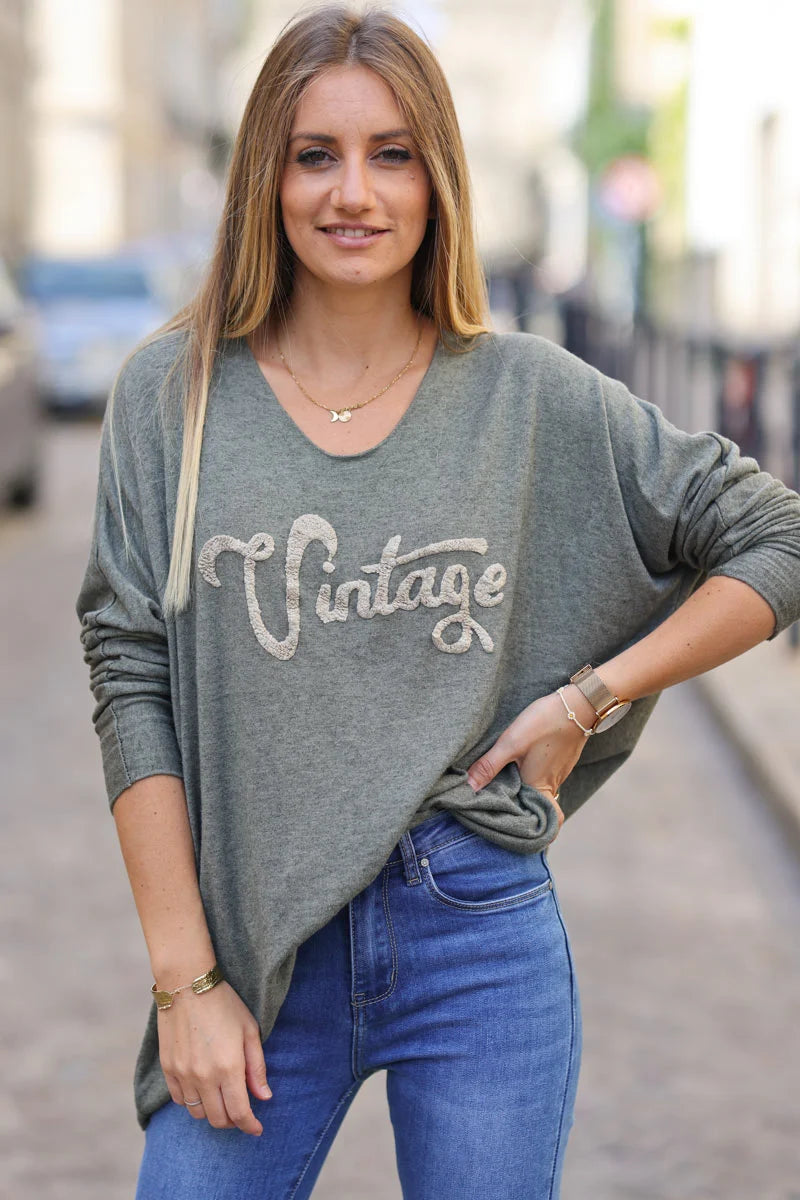 Pull kaki jersey Vintage éponge beige