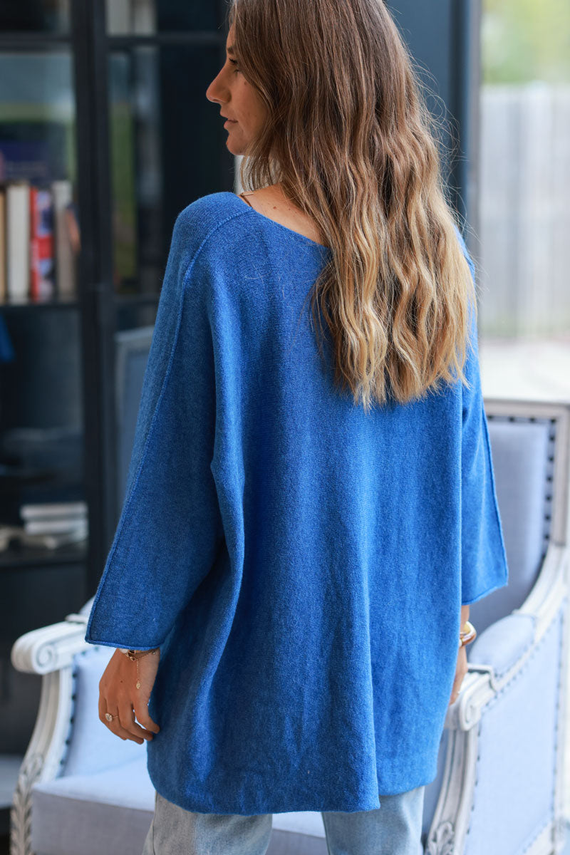 Pull large tout doux bleu manches chauve-souris étoile strass