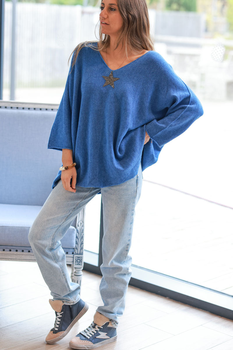 Blue oversized super soft sweater with silver rhinestone star