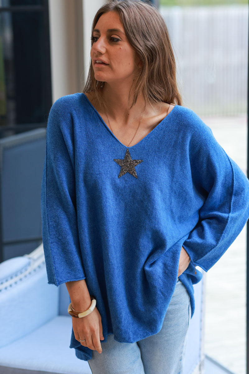 Pull large tout doux bleu manches chauve-souris étoile strass