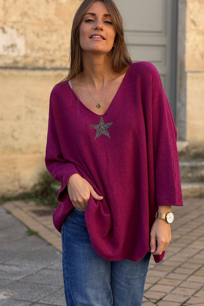 Pull large tout doux aubergine manches chauve-souris étoile strass
