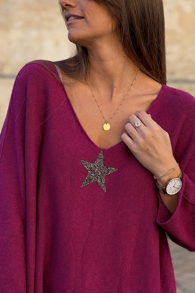 Pull large tout doux aubergine manches chauve-souris étoile strass