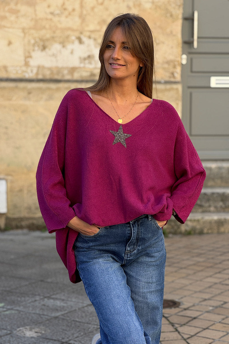 Pull large tout doux aubergine manches chauve-souris étoile strass