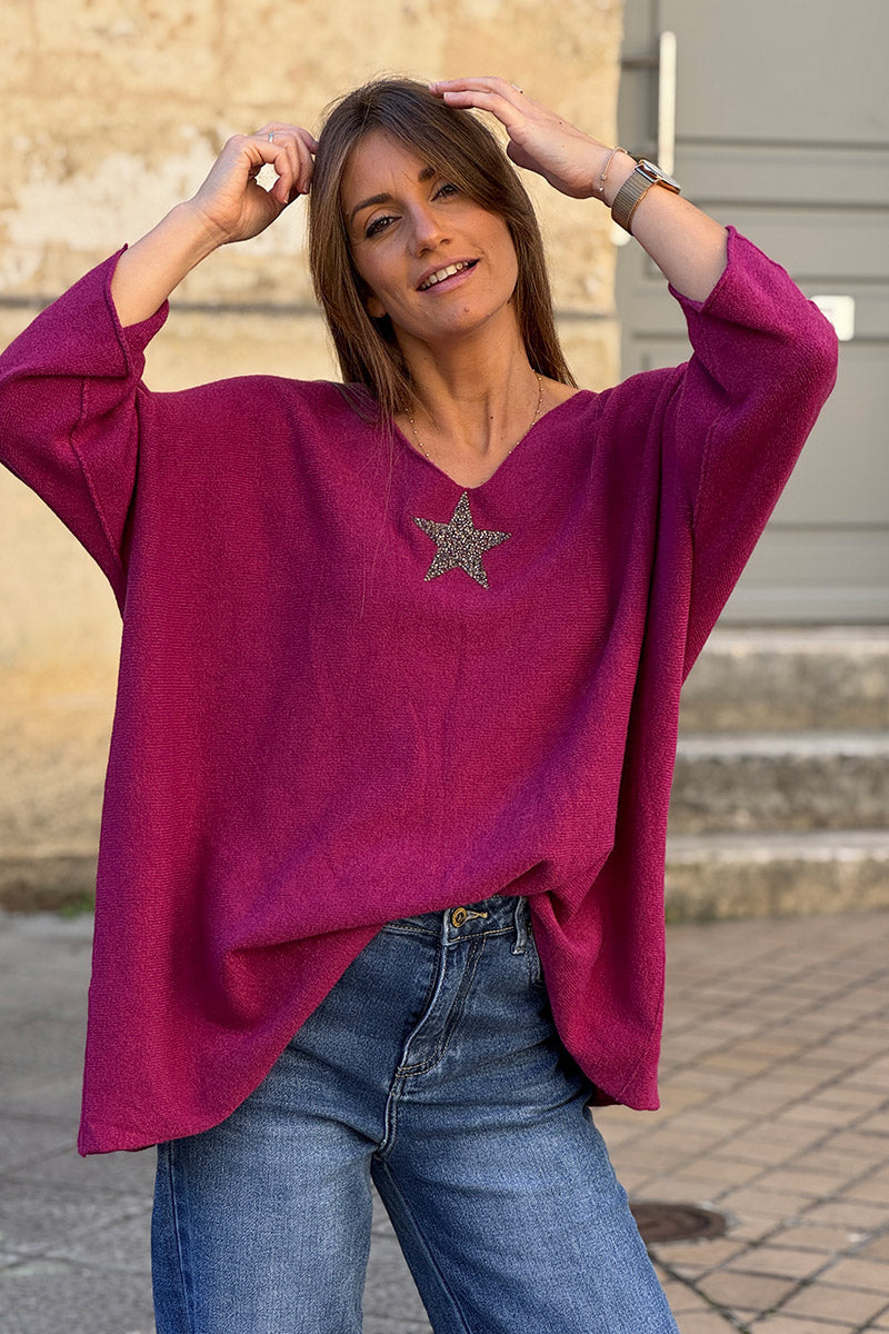 Pull large tout doux aubergine manches chauve-souris étoile strass