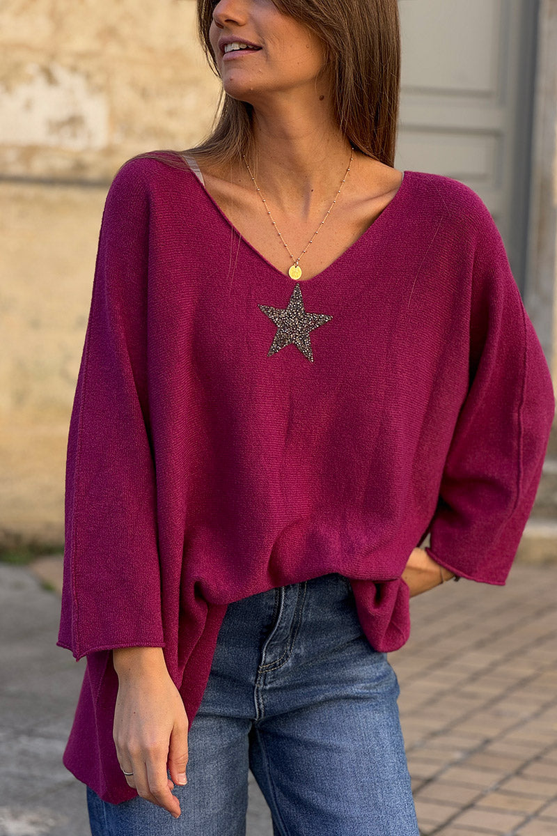 Pull large tout doux aubergine manches chauve-souris étoile strass