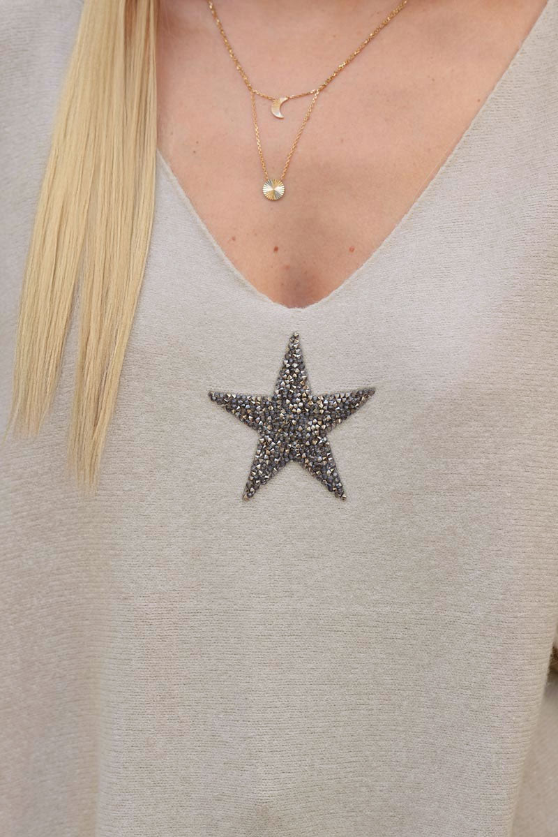 Pull large tout doux beige manches chauve-souris étoile strass