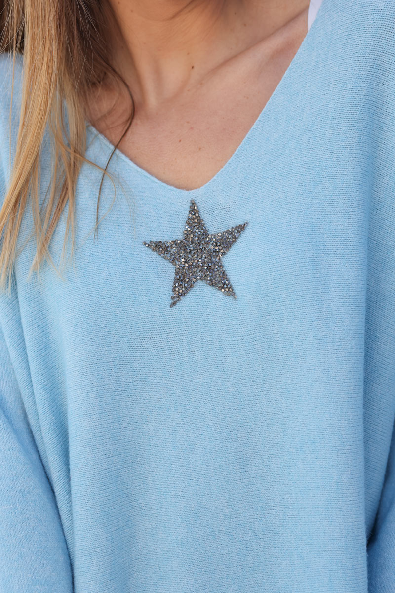 Sky blue oversized super soft jumper with silver rhinestone star