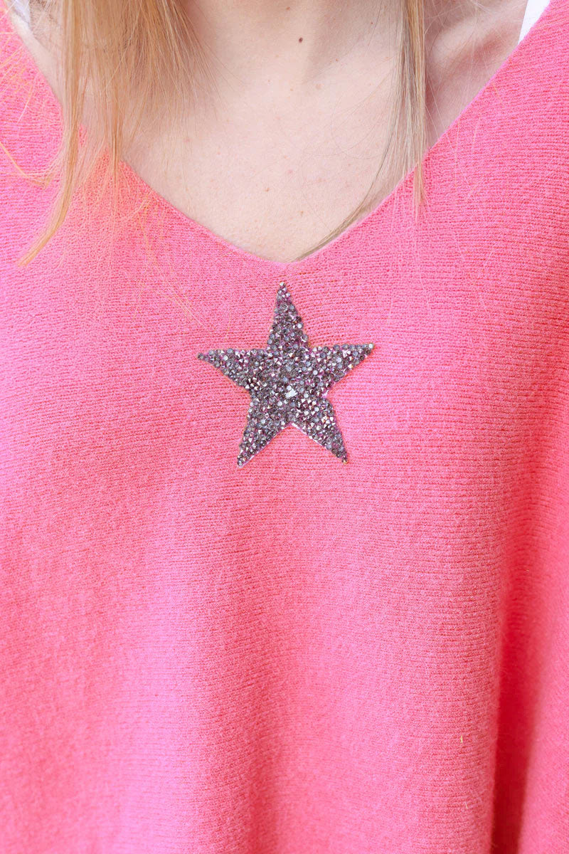 Pull large tout doux rose à manches chauve-souris et étoile en strass