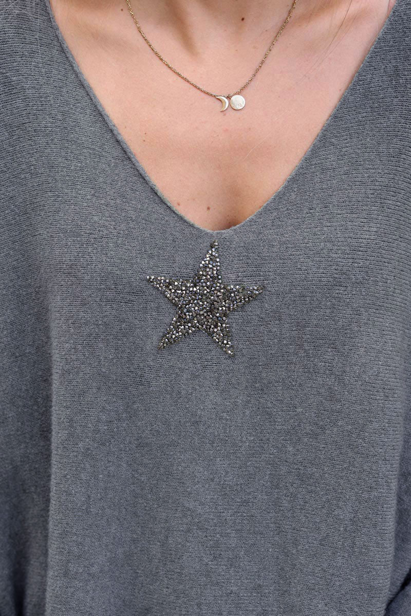 Pull large tout doux gris manches chauve-souris étoile strass