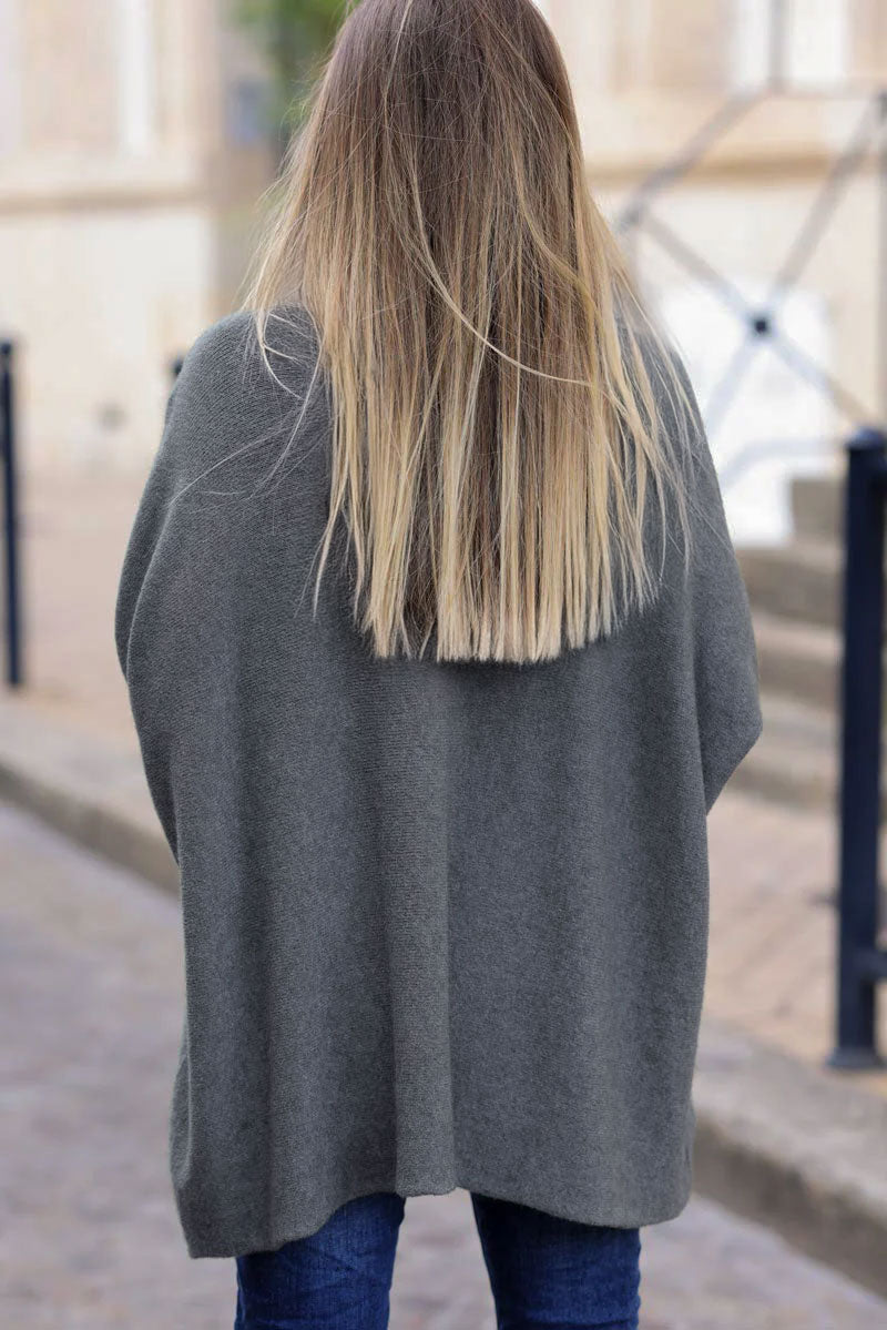 Pull large tout doux gris manches chauve-souris étoile strass
