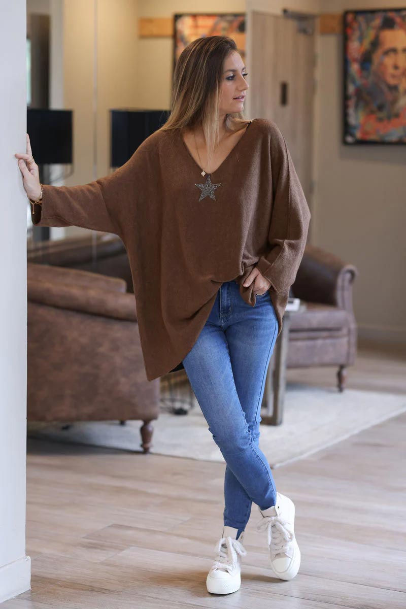 Brown chocolate Oversized super soft Sweater with Silver Rhinestone Star